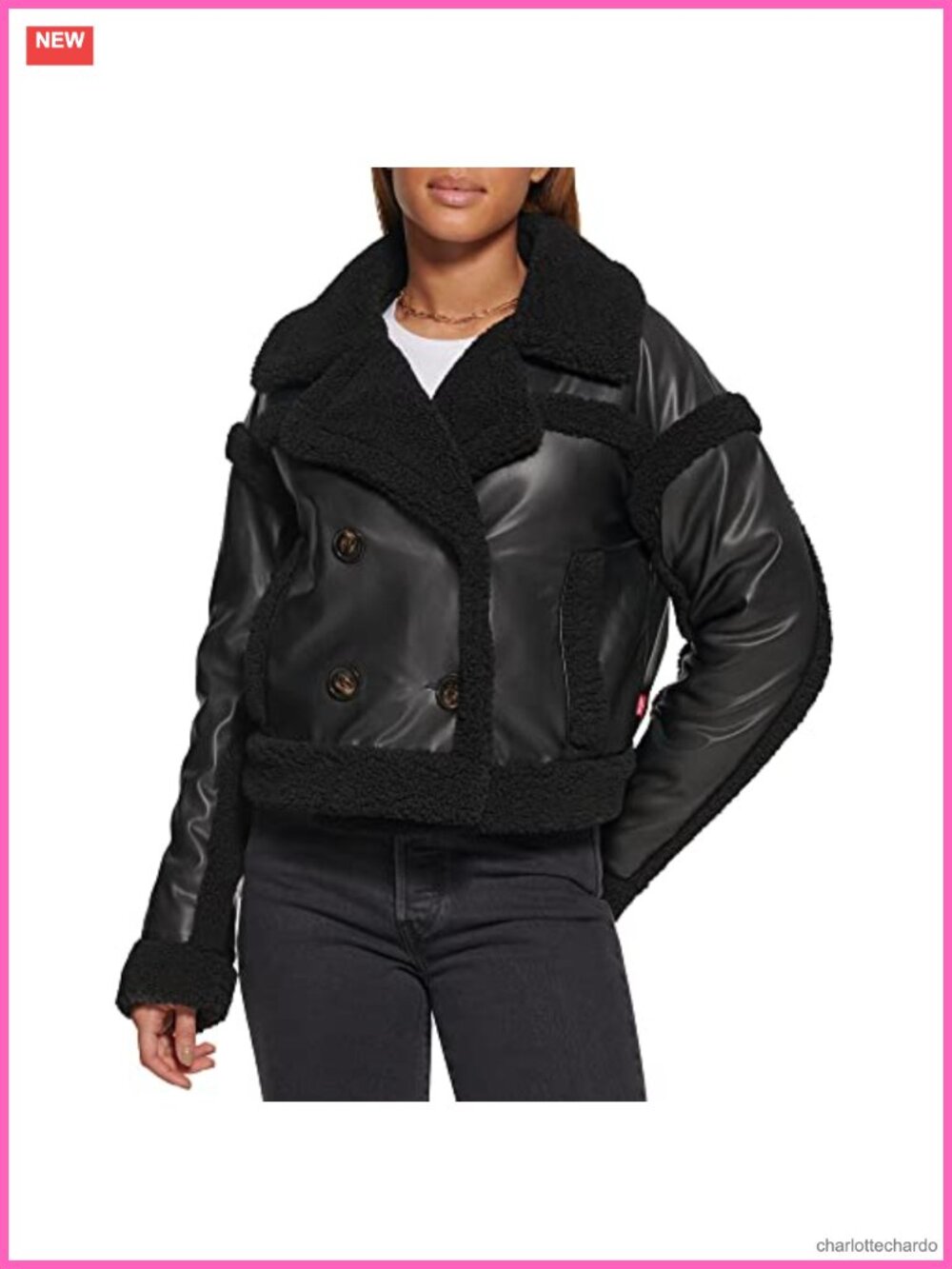 Sherpa Lined Cropped Moto Jacket Vegan Leather Button Front